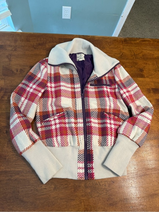 Tulle Jackets & Blazers - Tulle Clothing Plaid Knit Bomber Jacket Cropped High Collar Ribbed red purple M